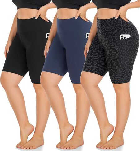 MOREFEEL 3 Pack Plus Size 8" Biker Shorts with Pockets for Women-High Waist Non-See Through Workout Black Yoga Short in Kuwait
