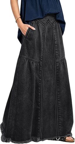 ebossy Women's Casual Elastic Waist Frayed Hem A-Line Distressed Hippie Long Maxi Denim Skirt in Kuwait