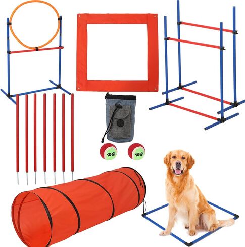 CuisinSmart Dog Agile Course Backyard Set, Dog Obstacle Course Backyard with 2-Set Agility Hurdle,Jump Ring, Tunnel, Pause Box, 8 Weave Poles, Toy Balls & Portable Storage Bags,Dog Agility Equipment in Kuwait
