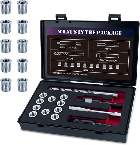 SENNMONN M10x1.5 Thread Repair Kit with 14mm Insert HSS Drill, Tap, Counterbore,Installation Driver,Stainless Steel Insert M10*1.5 * 14mm *10pcs in Kuwait