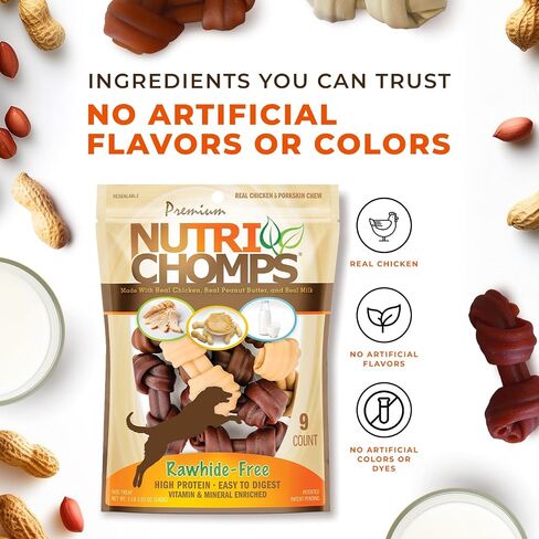 NutriChomps Rawhide-Free Dog Chews, 4 in Knots, Chicken, PB, Milk, 9 ct in Kuwait