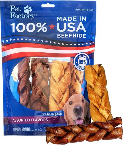 Pet Factory 100% USA Made Natural Beefhide Dog Chew Sticks - 6in Braided Dog Rawhide Bones with Beef & Chicken Flavors for Dental Health & Safe Chewing - 6 inches (Pack of 6) in Kuwait