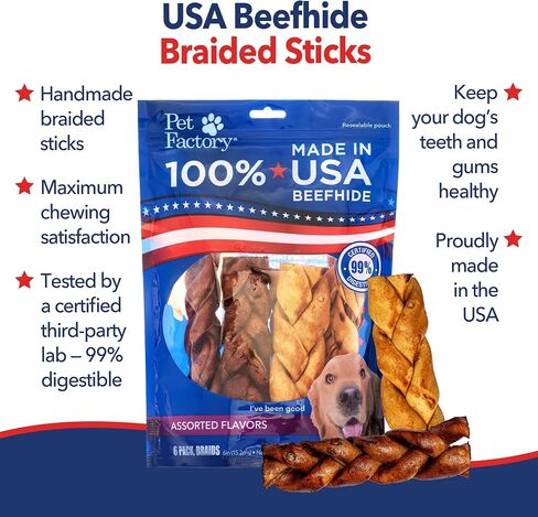 Pet Factory 100% USA Made Natural Beefhide Dog Chew Sticks - 6in Braided Dog Rawhide Bones with Beef & Chicken Flavors for Dental Health & Safe Chewing - 6 inches (Pack of 6) in Kuwait