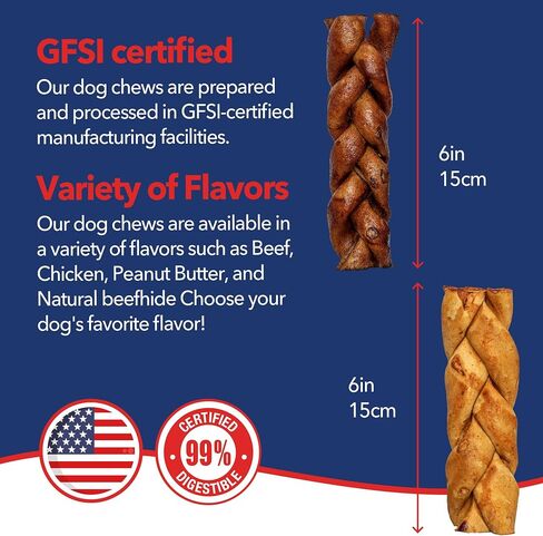 Pet Factory 100% USA Made Natural Beefhide Dog Chew Sticks - 6in Braided Dog Rawhide Bones with Beef & Chicken Flavors for Dental Health & Safe Chewing - 6 inches (Pack of 6) in Kuwait