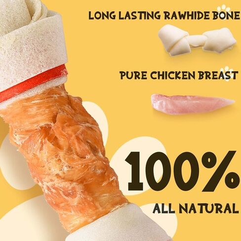 Dog Treats Chews, 6.5" Chicken Wrapped Rawhide Knotted Bones in Saudi Arabia