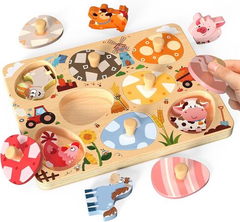 Zeoddler Wooden Puzzles for Toddlers, 8 Pcs Farm Animal Matching Egg Puzzle, Montessori Toys for Boy Girl Easter Birthday Gifts, Preschool Learning Activities & Educational Toys for Boys, Girls in Kuwait