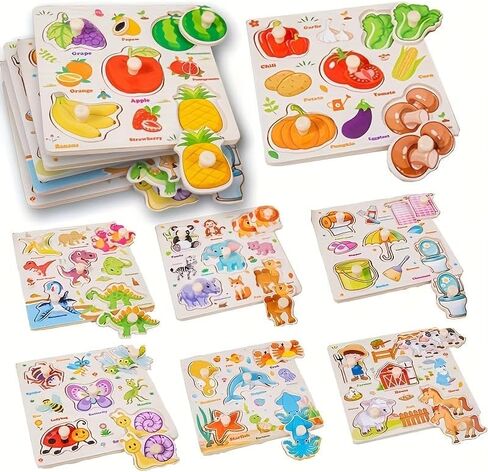 8Pcs Wooden Puzzle for Kids, Peg Puzzles for Preschool Montessori Toys in Kuwait
