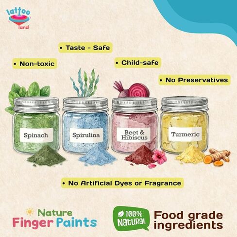 Lattooland Natural Vegan Finger Paints for Babies & Toddlers | Taste-safe Vegetable Based Colors | Non-Toxic Washable Finger Paints Powder for Kids | Baby Safe Hand & Feet Paint | Natural Kids Paint Set | Preschool Art Supplies | Gift for Kids Ages 6 mont in Kuwait