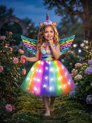 Viyorshop Girls Unicorn Costume LED Light Up Tutu Dress Up Birthday Gifts Princess Dress for Halloween Party in Kuwait