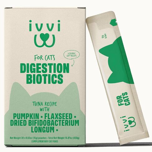 ivvi Digestion Biotics for Cats, Creamy Lickable Cat Treats with Real Tuna, Pumpkin, Flaxseed & Prebiotic FOS, Daily Digestive Support, Heat-Treated Probiotic Components, 30 Pouches, 15g Each in Kuwait