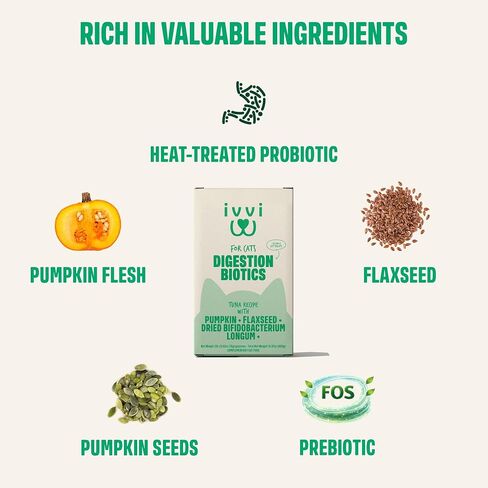 ivvi Digestion Biotics for Cats, Creamy Lickable Cat Treats with Real Tuna, Pumpkin, Flaxseed & Prebiotic FOS, Daily Digestive Support, Heat-Treated Probiotic Components, 30 Pouches, 15g Each in Kuwait
