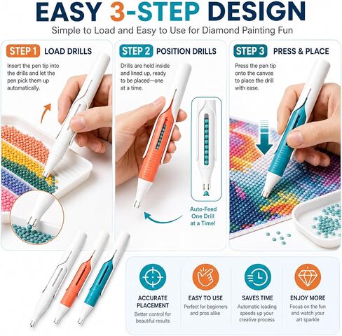 3PCS Automatic Diamond Painting Bead Dispenser,2027 New Diamond Art Automatic Bead Dispenser Pen,Suitable for 2.8mm Round Diamonds,Durable, WH+OG+BU in Kuwait