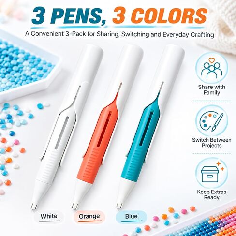 3PCS Automatic Diamond Painting Bead Dispenser,2027 New Diamond Art Automatic Bead Dispenser Pen,Suitable for 2.8mm Round Diamonds,Durable, WH+OG+BU in Kuwait