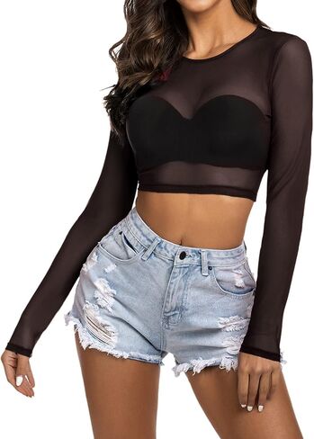 Avidlove Women's Mesh Tops Long Sleeve See Through Tee Shirt Crop Sheer Blouse Sexy Clubwear XS-4XL in Kuwait