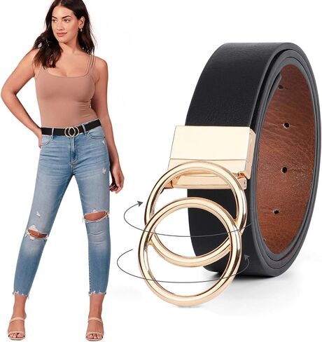 JASGOOD Women Leather Belt, Reversible Belt, Leather Waist Belt for Jeans Dress with Gold Double O Ring Rotate Buckle in Kuwait