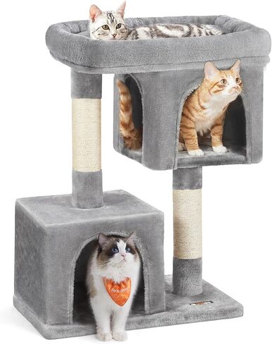 Feandrea Cat Tree, 26.4-Inch Small Cat Tower, Cute Plush Condo, Light Gray in Saudi Arabia