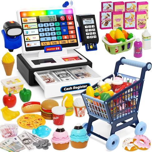 maysida LED Calculator Cash Register Toy - Pretend Play Set Kids Cash Register with Scanner, Microphone and Credit Card, Math Skills Toy for 3, 4, 5, 6 7 8+ Year Old Girl Boy in Kuwait