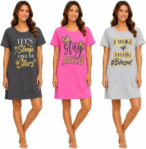 Essential Elements 3 Pack: Womens 100% Cotton Sleep Shirt - Soft Printed Sleep Dress Nightgown Sleepwear Pajama Nightshirt in Kuwait