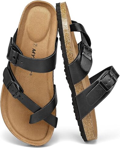 mysoft Women's Cork Footbed Sandal Slip On, Double Buckle Slide Sandals with +Comfort Arch Support in Kuwait