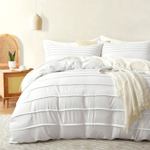 Oli Anderson White Duvet Cover Queen Size - Pleated Queen Duvet Cover, 3PCS Soft and Breathable Textured Bedding Set with Zipper Closure(White,90"x90") in Kuwait