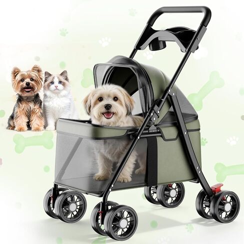 GTPLAYER Foldable Pet Stroller for Small Dogs and Cats, Holds Up to 33 lb, 4-Wheel Stroller with 2 Safety Tethers, Breathable Mesh, Lockable Front Wheels, Cup Holder/Tray & Storage Pocket, Dark Green in Kuwait