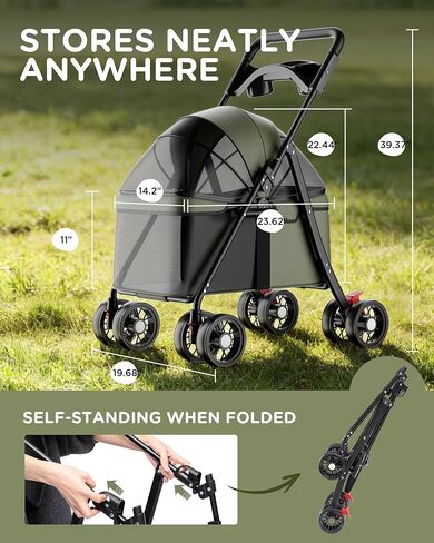 GTPLAYER Foldable Pet Stroller for Small Dogs and Cats, Holds Up to 33 lb, 4-Wheel Stroller with 2 Safety Tethers, Breathable Mesh, Lockable Front Wheels, Cup Holder/Tray & Storage Pocket, Dark Green in Kuwait