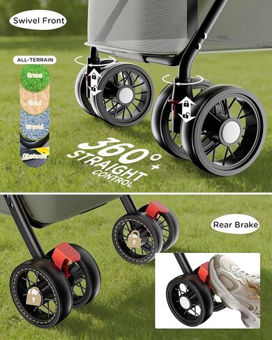 GTPLAYER Foldable Pet Stroller for Small Dogs and Cats, Holds Up to 33 lb, 4-Wheel Stroller with 2 Safety Tethers, Breathable Mesh, Lockable Front Wheels, Cup Holder/Tray & Storage Pocket, Dark Green in Kuwait