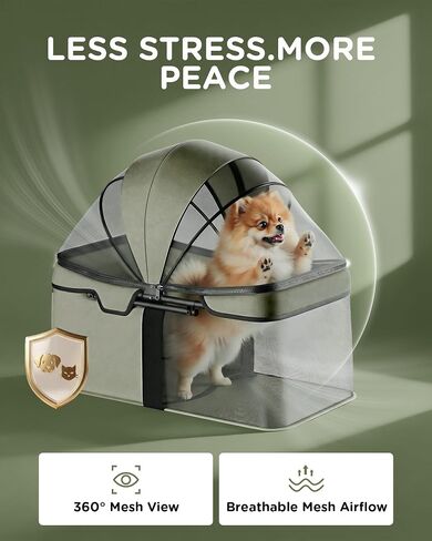 GTPLAYER Foldable Pet Stroller for Small Dogs and Cats, Holds Up to 33 lb, 4-Wheel Stroller with 2 Safety Tethers, Breathable Mesh, Lockable Front Wheels, Cup Holder/Tray & Storage Pocket, Dark Green in Kuwait