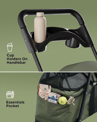 GTPLAYER Foldable Pet Stroller for Small Dogs and Cats, Holds Up to 33 lb, 4-Wheel Stroller with 2 Safety Tethers, Breathable Mesh, Lockable Front Wheels, Cup Holder/Tray & Storage Pocket, Dark Green in Kuwait