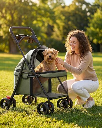 GTPLAYER Foldable Pet Stroller for Small Dogs and Cats, Holds Up to 33 lb, 4-Wheel Stroller with 2 Safety Tethers, Breathable Mesh, Lockable Front Wheels, Cup Holder/Tray & Storage Pocket, Dark Green in Kuwait