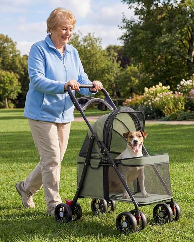 GTPLAYER Foldable Pet Stroller for Small Dogs and Cats, Holds Up to 33 lb, 4-Wheel Stroller with 2 Safety Tethers, Breathable Mesh, Lockable Front Wheels, Cup Holder/Tray & Storage Pocket, Dark Green in Kuwait