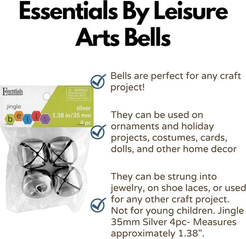 Essentials By Leisure Arts Jingle Bells 35mm Silver 4pc - Large Silver Craft Bells for Holiday Decorations, Ornaments, DIY Projects, Costumes, and Jewelry in Kuwait