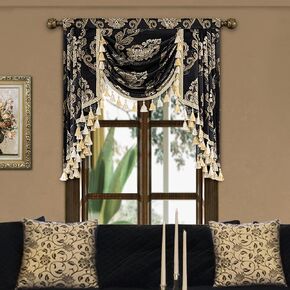 Loom and Mill Luxury Waterfall Valances for Windows, Jacquard Thick Swag Waterfall Curtains Valance with Tassels for Living Room, Bedroom Party Banquet Decorations (Grey, W39 Inch, 1 Panel) in Saudi Arabia