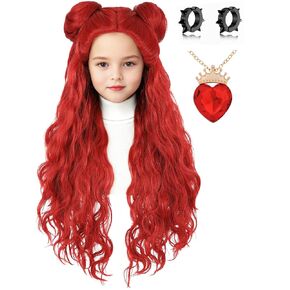Kids Costume Wig with Buns and Red Necklace Earrings Long Wavy Hair Wigs for Girls Halloween Cosplay in Kuwait