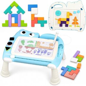 4-in-1 Magnetic Drawing Board for Kids, Double-Sided Toddler Doodle Board with Detachable Table Legs and Carry Handle, Pattern Building Puzzle Toy, Creative Learning Gift Ages 3-6（Blue） in Kuwait