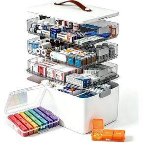 MOPUP 4-Tier Medicine Craft,Sewing,Art,Organizer Storage,Portable Latch Bin with Lid and Leather Handle,Pill Bottle, First Aid,Comes with a 7-Day Pill Organizer,A Household Essential in Saudi Arabia