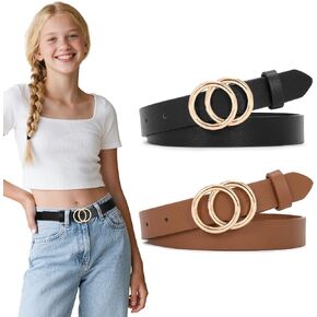 SUOSDEY 2 Pack Kids Leather Belts for Girls Solid Colors Skinny Belt for Teen Girls with Double O-Ring Buckles in Saudi Arabia