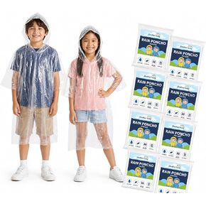 Juvale 10-Pack Disposable Rain Ponchos for Kids, Individually Wrapped, Bulk, Clear Plastic Raincoats with Hood for Emergency, One Size for Children, Boys and Girls, Transparent in Saudi Arabia