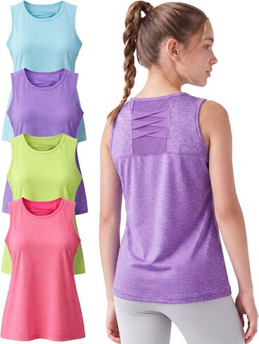 4 Pack Youth Girls Athletic Tank Tops Dry Fit Active Performance Tech Sleeveless Shirts in Kuwait