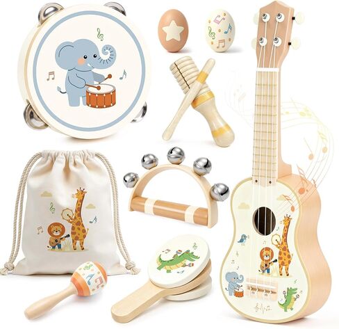 Kids Guitar Set Wooden Toddler Guitar for 2-4 Year Old Girls & Boys Montessori 9 in 1 Musical Instruments with Ukulele/Tambourine/Maraca/Egg Shakers Mini Band Kit in Saudi Arabia
