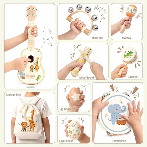 Kids Guitar Set Wooden Toddler Guitar for 2-4 Year Old Girls & Boys Montessori 9 in 1 Musical Instruments with Ukulele/Tambourine/Maraca/Egg Shakers Mini Band Kit in Saudi Arabia