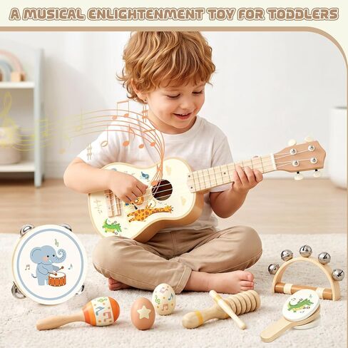 Kids Guitar Set Wooden Toddler Guitar for 2-4 Year Old Girls & Boys Montessori 9 in 1 Musical Instruments with Ukulele/Tambourine/Maraca/Egg Shakers Mini Band Kit in Saudi Arabia