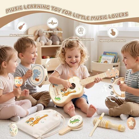 Kids Guitar Set Wooden Toddler Guitar for 2-4 Year Old Girls & Boys Montessori 9 in 1 Musical Instruments with Ukulele/Tambourine/Maraca/Egg Shakers Mini Band Kit in Saudi Arabia