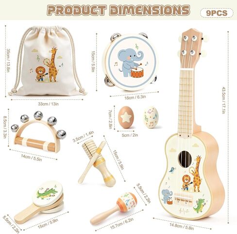 Kids Guitar Set Wooden Toddler Guitar for 2-4 Year Old Girls & Boys Montessori 9 in 1 Musical Instruments with Ukulele/Tambourine/Maraca/Egg Shakers Mini Band Kit in Saudi Arabia