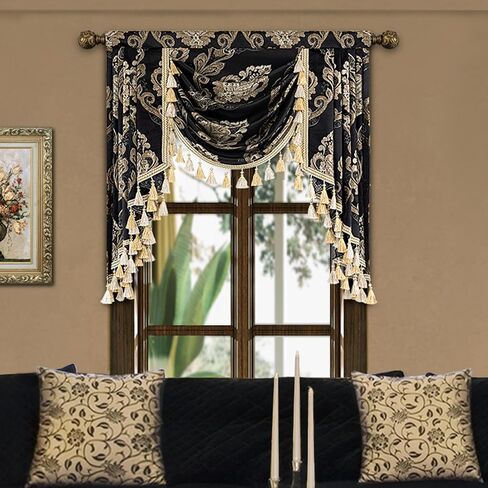 Loom and Mill Luxury Waterfall Valances for Windows, Jacquard Thick Swag Waterfall Curtains Valance with Tassels for Living Room, Bedroom Party Banquet Decorations (Grey, W39 Inch, 1 Panel) in Kuwait