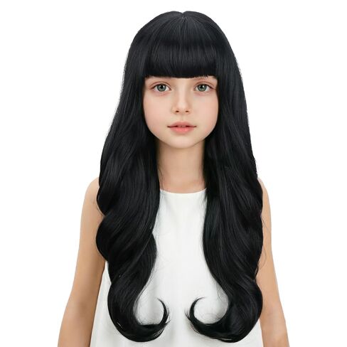 Kids Mixed Brown Wig Long Dark Brown Wig with Flat Bangs for Child Girls Long Brown Wavy Curly Wigs Heat Resistant Synthetic Wigs with Cap in Saudi Arabia