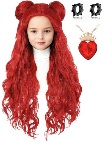 Kids Costume Wig with Buns and Red Necklace Earrings Long Wavy Hair Wigs for Girls Halloween Cosplay in Kuwait