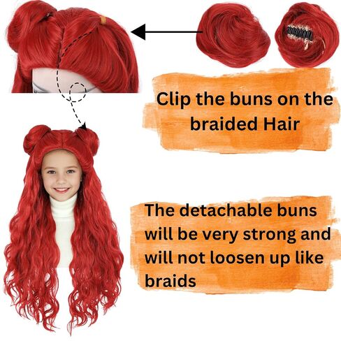 Kids Costume Wig with Buns and Red Necklace Earrings Long Wavy Hair Wigs for Girls Halloween Cosplay in Kuwait