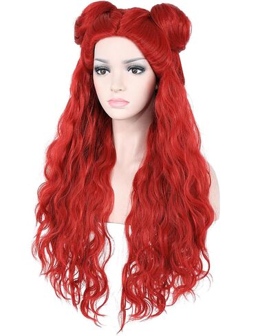 Kids Costume Wig with Buns and Red Necklace Earrings Long Wavy Hair Wigs for Girls Halloween Cosplay in Kuwait