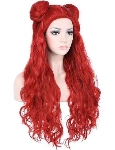 Kids Costume Wig with Buns and Red Necklace Earrings Long Wavy Hair Wigs for Girls Halloween Cosplay in Kuwait